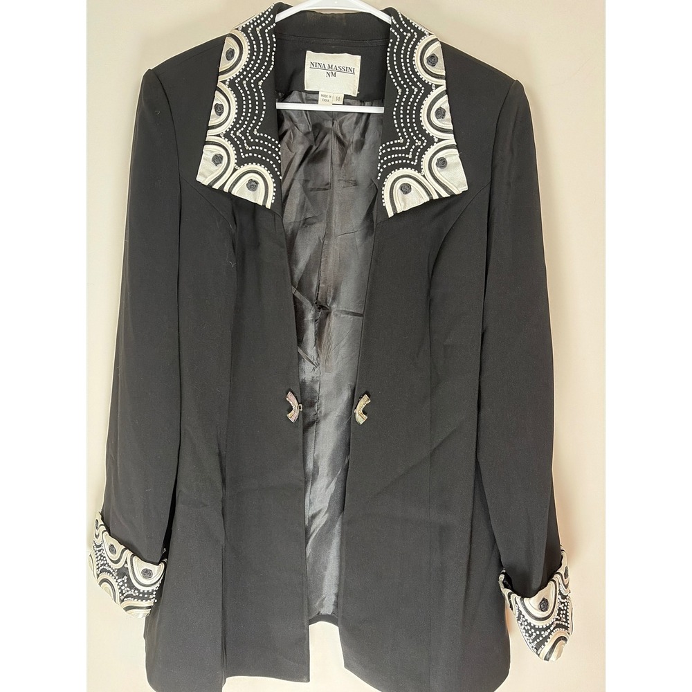 Nina Massini Black Embroidered Rhinestone Blazer Jacket Women Size 14